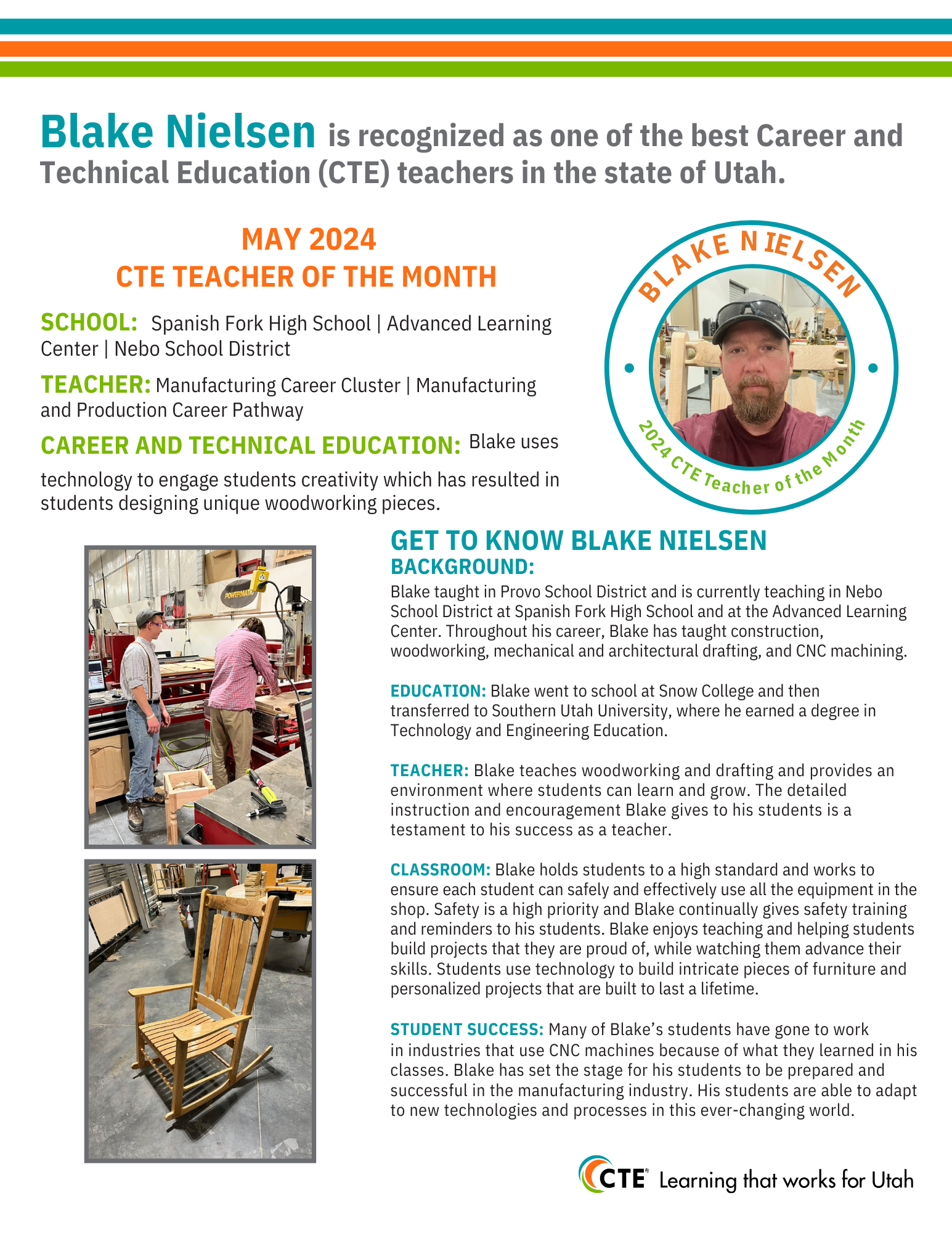 Blake Nielsen Utah CTE Teacher of The Month