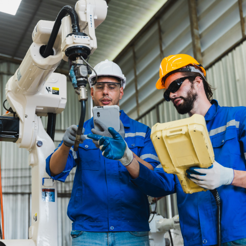 Automation Technicians working on a robotic arm.